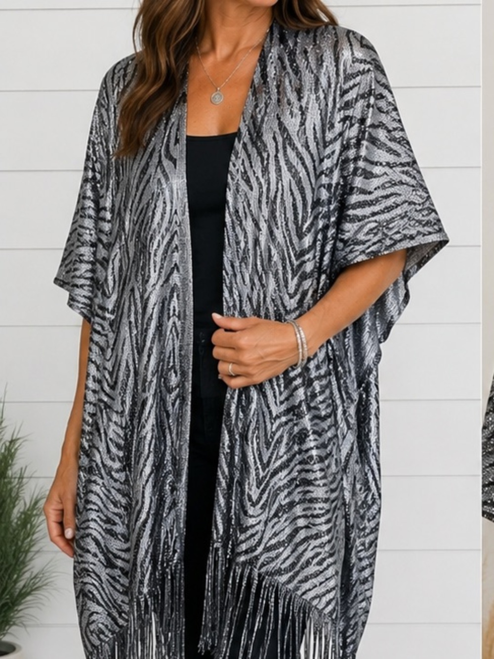 Kendal & James Silver Black Zebra Print Fringe Open Front Kimono Wrap OS